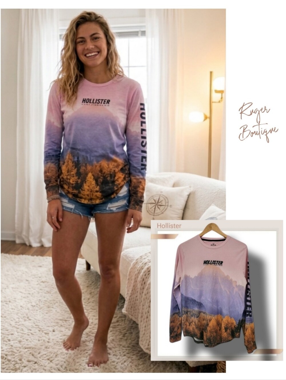 🌿Hollister Unisex Medium Nature Graphic Print Ombre Long sleeve Scoop Hem Top
